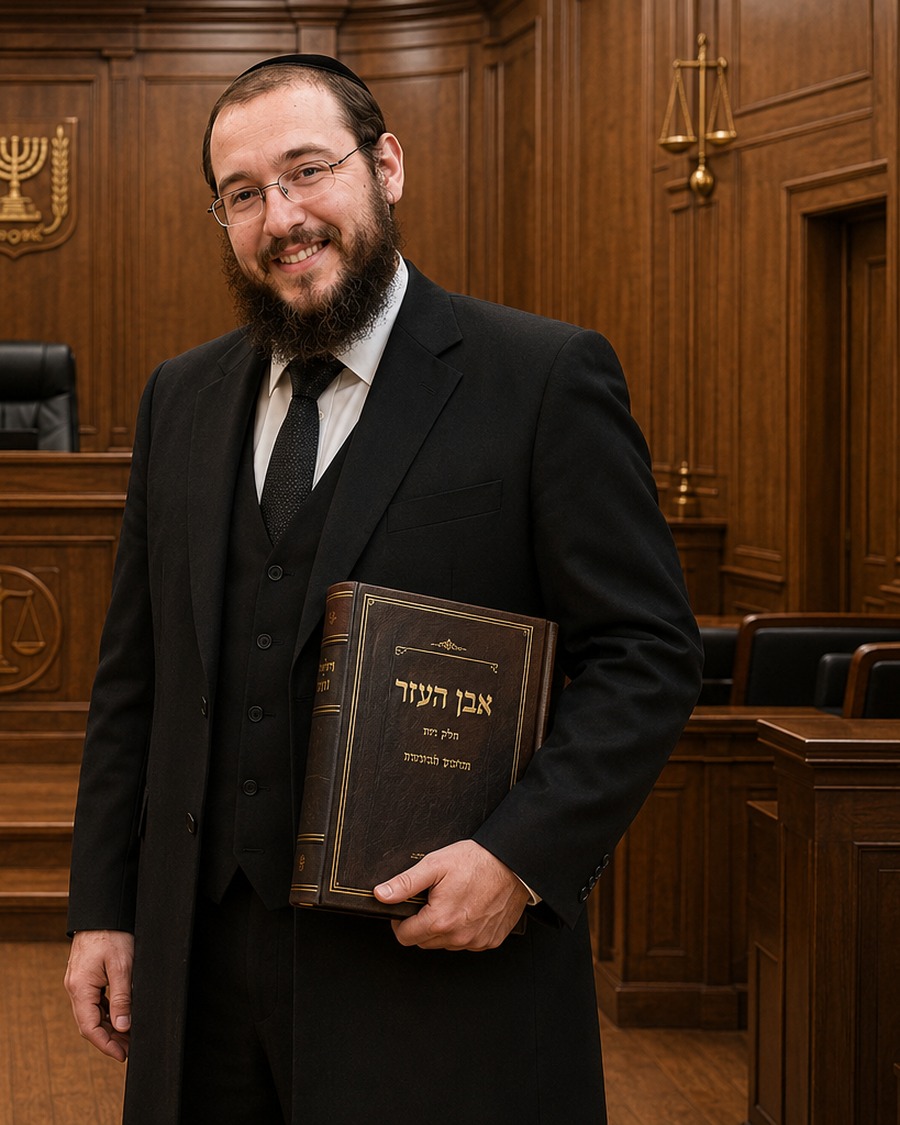 הרב יצחק דן גרונברגר עומד בבית הדין ובידו ספר